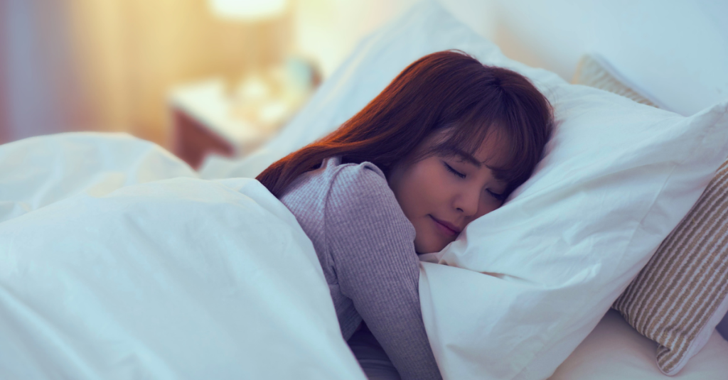 Sleep After 30 showing a Chinese woman sleeping peacefully in bed to support recovery, hormonal balance, and healthy weight management.