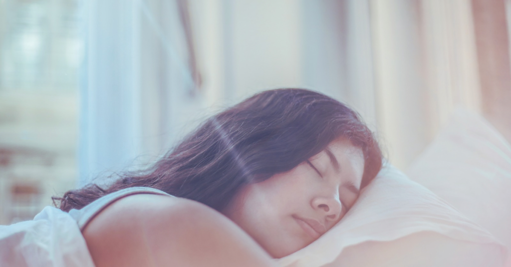 Sleep After 30 showing an American woman sleeping peacefully under a mosquito net in bed to support recovery, rest, and healthy weight management.