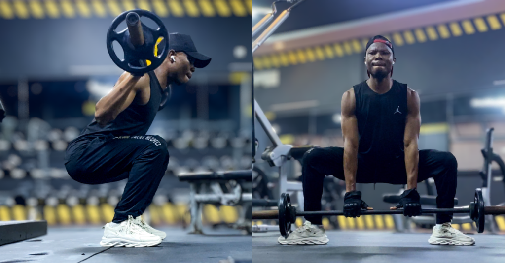 Comparison image showing Anthony performing a regular squat on one side and a barbell sumo squat on the other, highlighting the Sumo Squat Muscles Worked versus regular squat muscle activation after