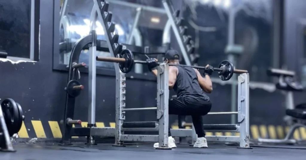 Strength Training: Anthony performing a barbell squat to build lower-body strength and muscle.