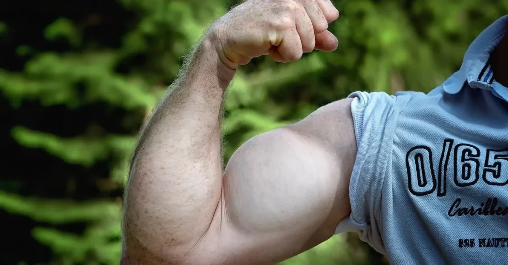 Man flexing his muscles as part of recovery tips
