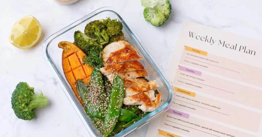 Bowl of food with a meal plan for weight loss beside it
