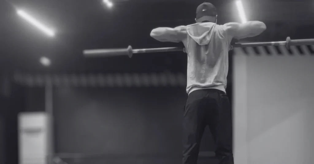 Back view of Anthony performing the Upright Row Exercise with a barbell
