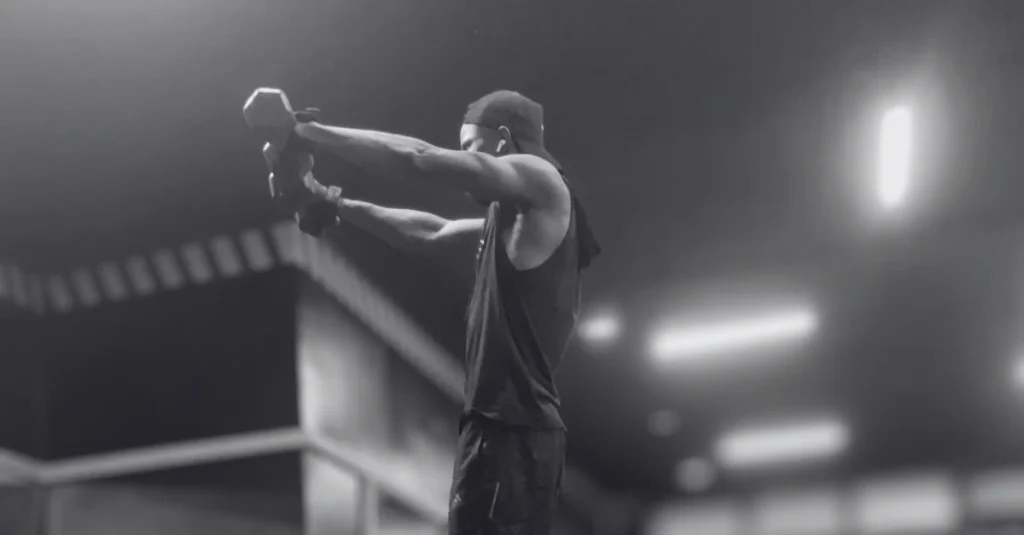 Side view of Anthony performing front raises with dumbbells using proper form to strengthen the shoulders