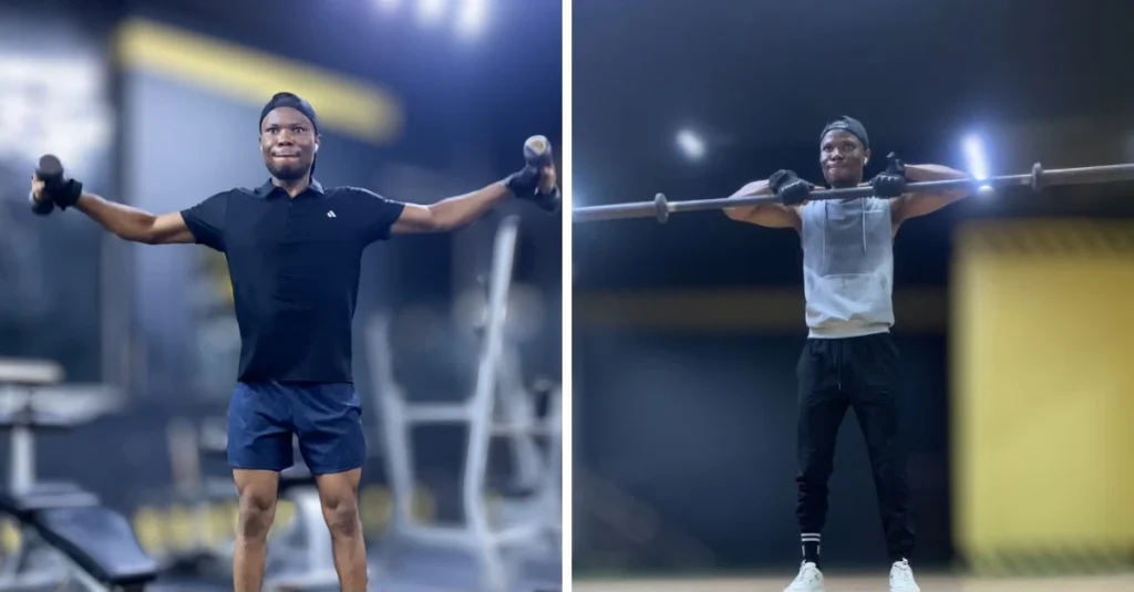 Photo grid of Anthony performing lateral raises and barbell upright rows, showing both shoulder exercises from different views.