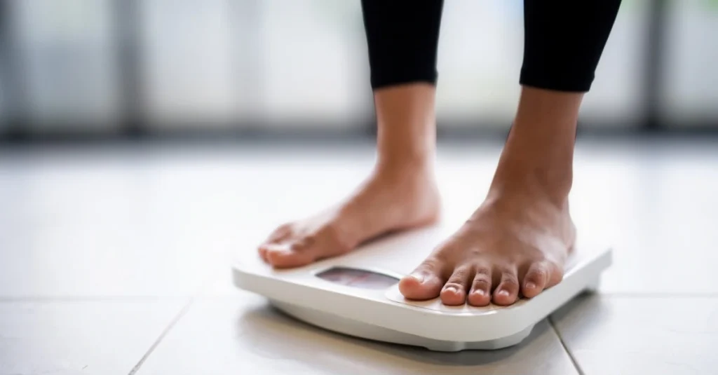 Woman standing on a bathroom scale