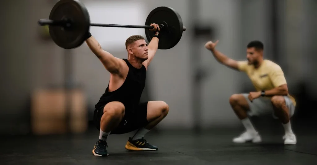 Trainer supervising client performing a squat to shoulder press