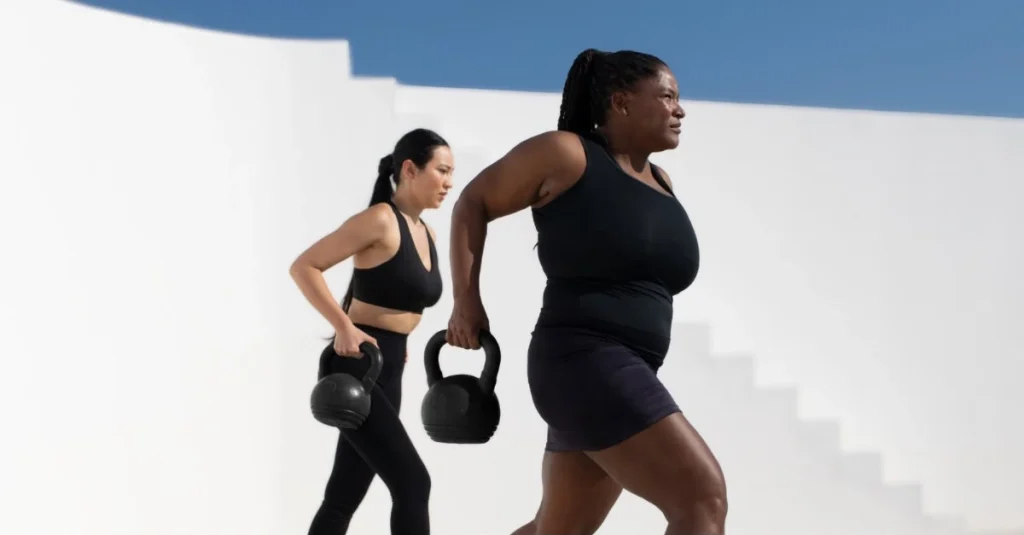 Two women exercising with kettlebells