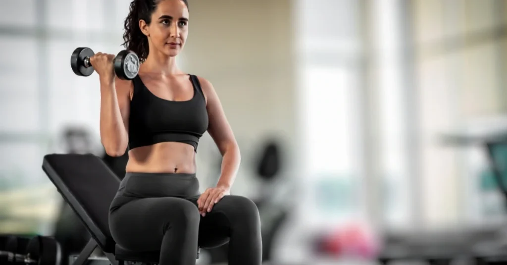 Woman exercising with a dumbbell in the gym