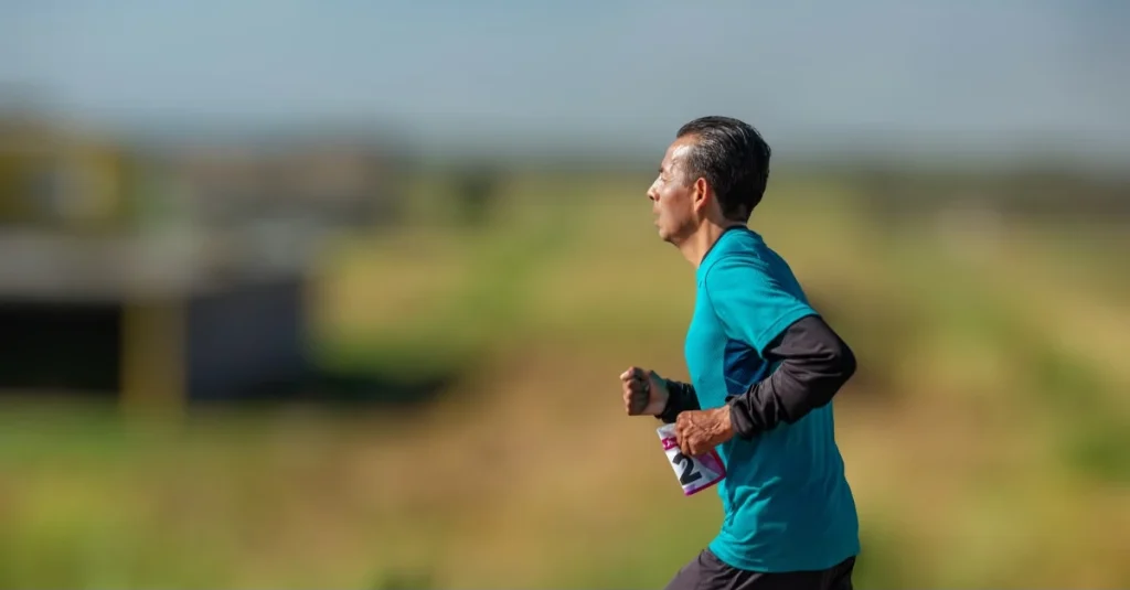 Athlete jogging outdoors as part of a fitness routine after 30