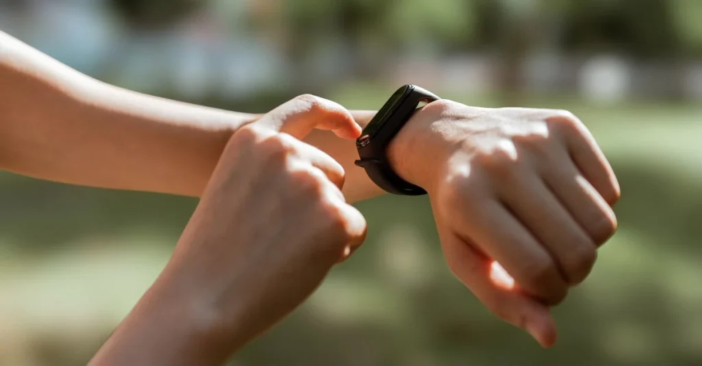 Woman setting up her smartwatch fitness tracker