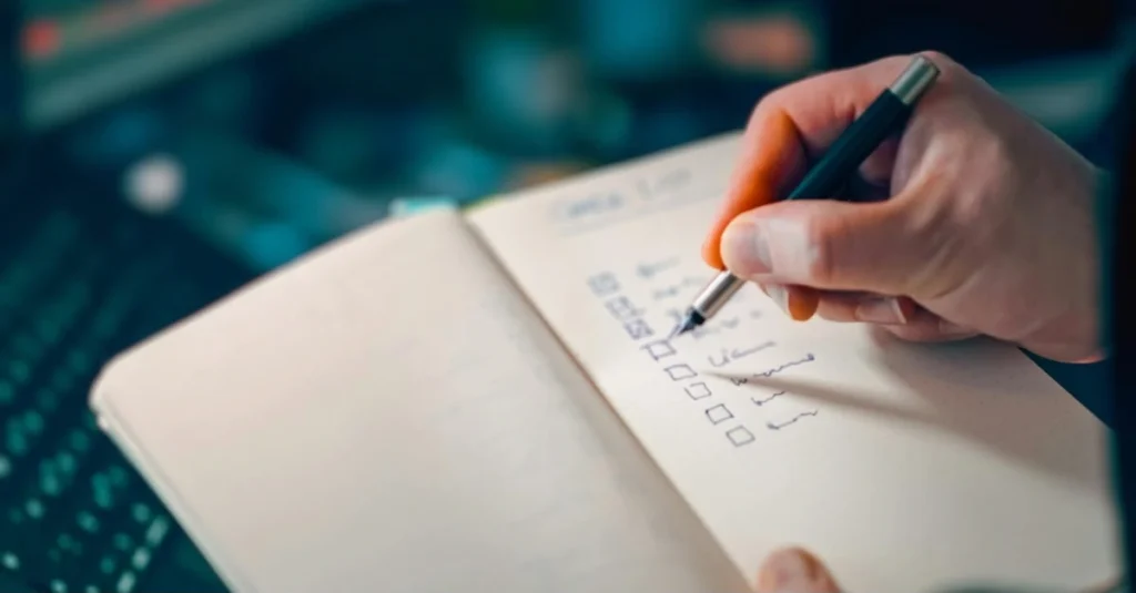 Person writing in a journal to record personal progress
