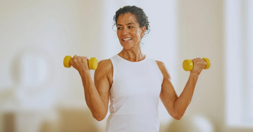 A woman performing dumbbell biceps curls in her living room.