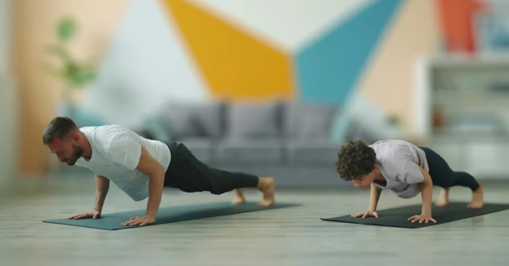 A man and a teenager performing push-ups in their living room as part of their home workouts.