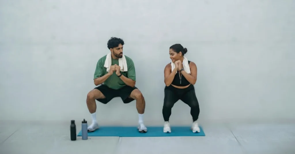 A couple performing squats outside their house as part of their home workouts.