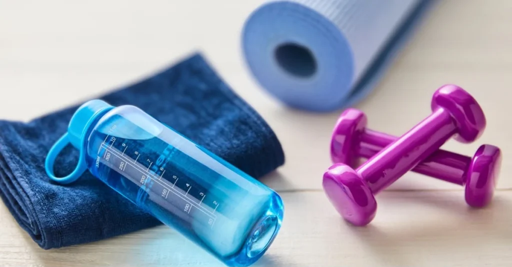 Water bottle, dumbbell, workout mat, and towel arranged for an exercise session at home.