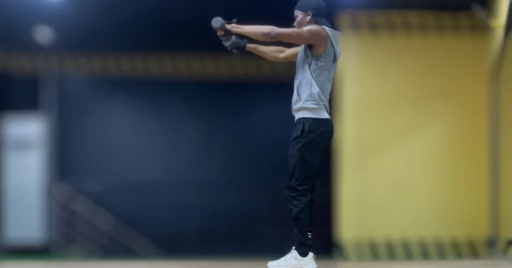 Anthony performing a dumbbell front raise to strengthen his shoulder muscles.