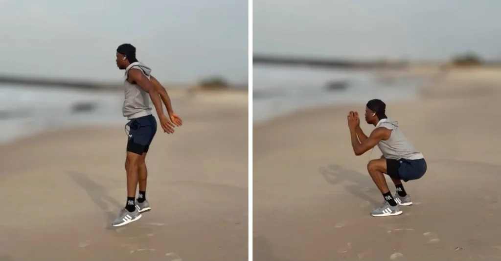 Anthony performing jump squats with proper form during a lower-body workout