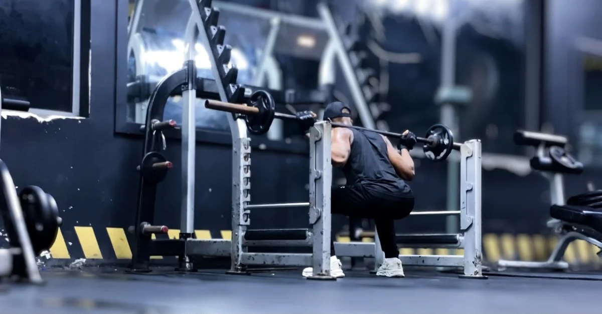 How to do squats correctly: Anthony performing a barbell squat with proper form during a strength training workout.