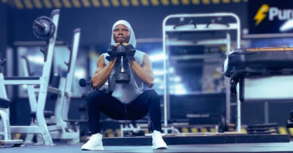 How to do squats correctly: Anthony performing a goblet squat with a dumbbell using proper form to build lower-body strength.